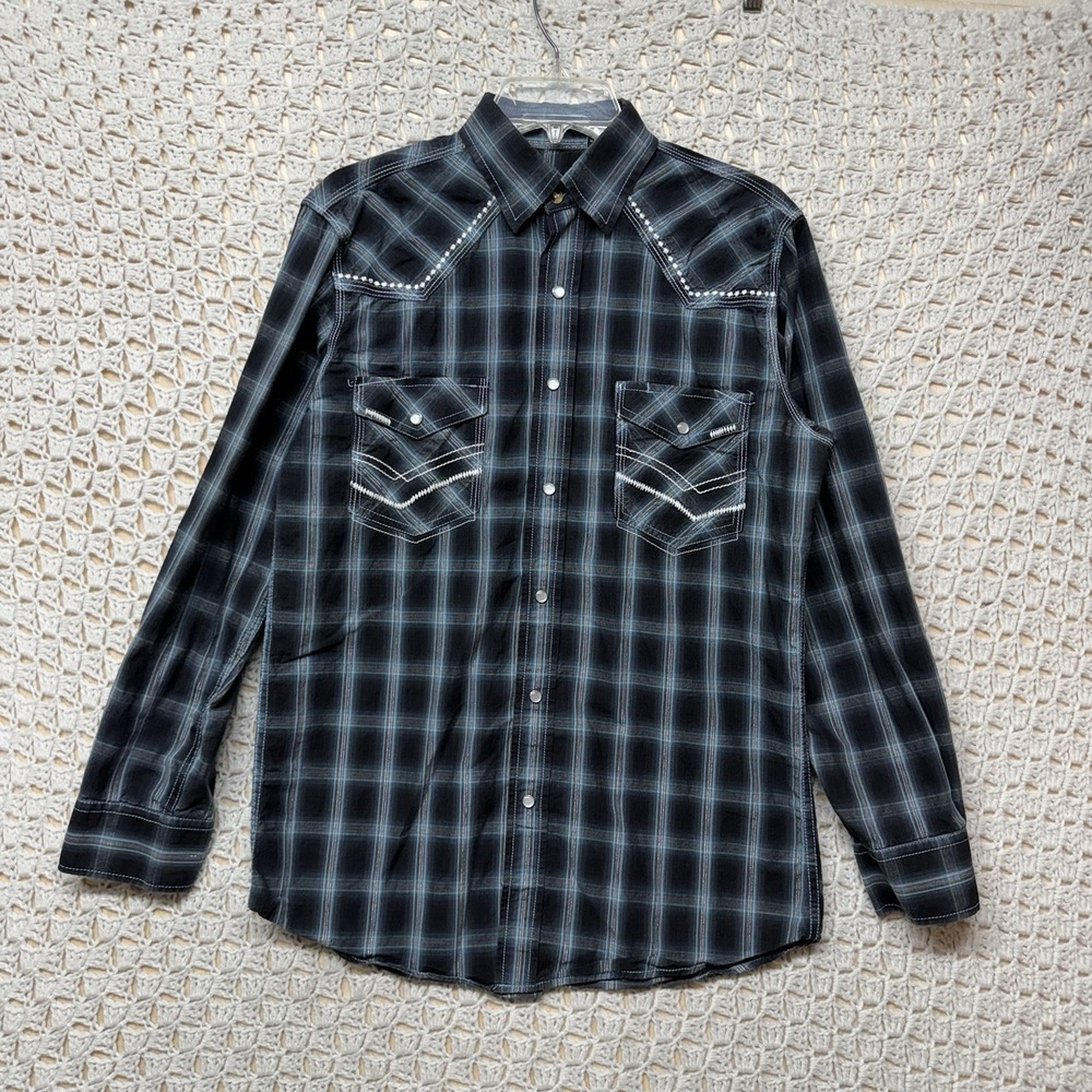 Cody James Western Apparel‎ Shirt Mens M Black Plaid  Pearl Snap Embroidery